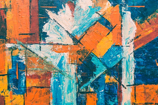 A Modern Blue, Orange, And White Abstract Painting.