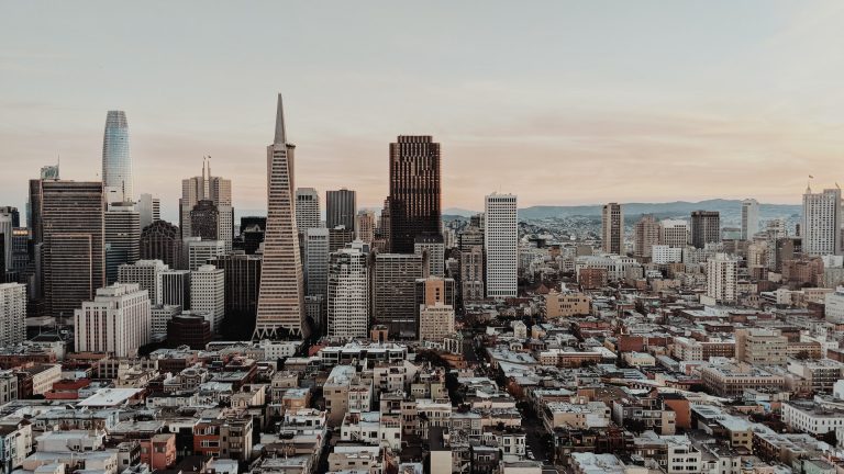 View of San Francisco buildings during a sunset.